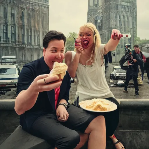 Prompt: Michael Mcintyre sitting next to a blonde woman eating ice creams & taking a selfie, greg rutkowski