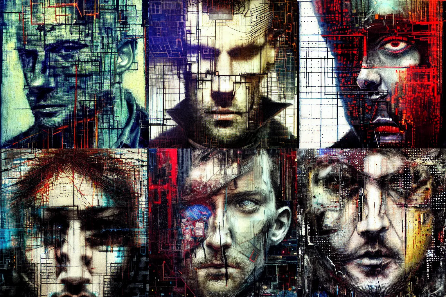 Prompt: hyperrealistic portrait of a shrouded cyberpunk man, by Guy Denning, Johannes Itten, Russ Mills, glitch art, glitch eyes, complex, close up, hacking effects, glitch effects, looking straight, digital tech effects, cybernetics, detailed lines, chromatic, color blocking!, acrylic on canvas, highly detailed, symmetrical eyes, symmetrical, octane, concept art, abstract, blue and black, 8k, cinematic, trending on artstation