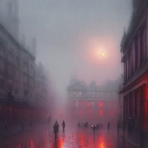 Prompt: A picture of victorian era london shrouded in mist, red moon above, raining, detailed, painted by Greg Rutkowski, trending on artstation