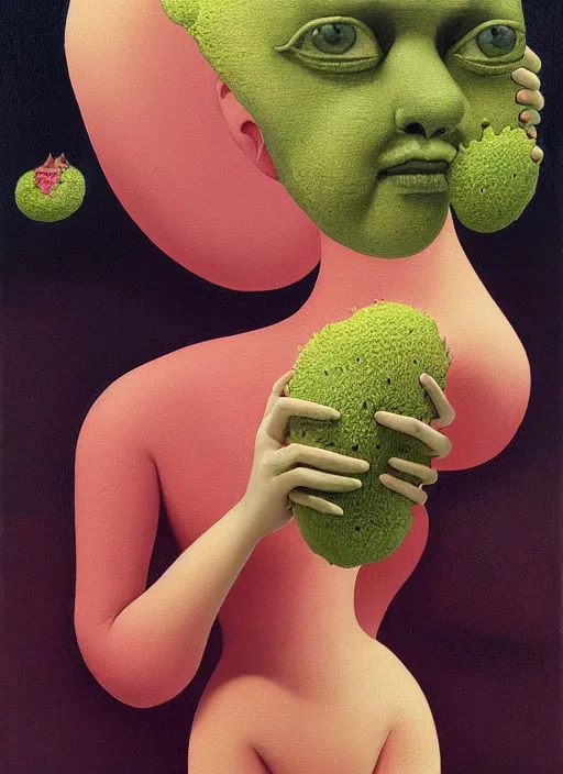 Prompt: Louise from Bob's Burgers eats of the Strangling Fruit and Her polyp blossoms bring iridescent fungal flowers whose spores black the foolish stars wearing a mycelium knit gown, Edward Hopper and James Gilleard, Zdzislaw Beksinski, Mark Ryden, Wolfgang Lettl highly detailed, hints of Yayoi Kasuma, Odilon Redon. Drexler