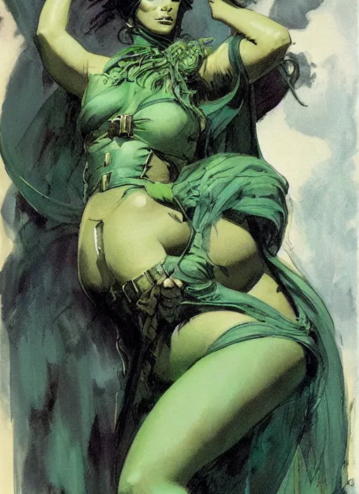 Prompt: mighty plump female sorceress, green tiara, strong line, muted color, beautiful! coherent! by frank frazetta, by brom