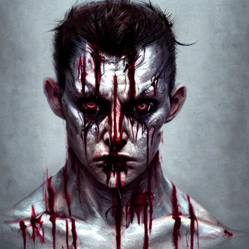 Image similar to close-up, symmetrical, portrait of man, bloody, bruised, scarred, marvel art, art by greg rutkowski, matte painting, trending on artstation