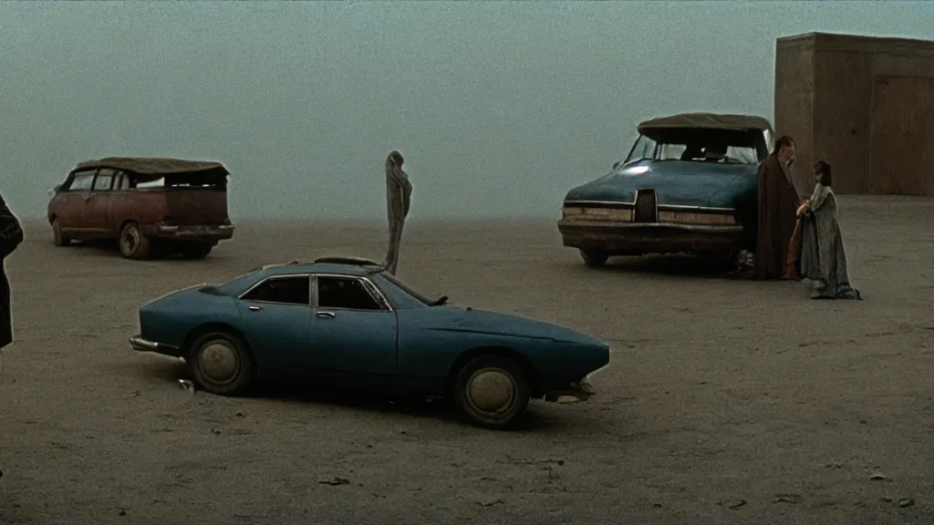 Image similar to the strange creature sells a used car, film still from the movie directed by denis villeneuve and david cronenberg with art direction by salvador dali and zdzisław beksinski, wide lens