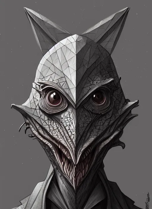 Image similar to anthropomorphic triangle head in edgy darkiron mr. bean, intricate, elegant, highly detailed animal monster, digital painting, artstation, concept art, smooth, sharp focus, illustration, art by artgerm, wayne barlowe, trending on artstation and greg rutkowski and alphonse mucha, 8 k