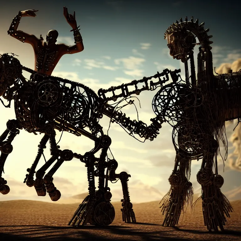 Image similar to A techno-magical shaman performs a ritual to resurrect a mechanical horse. The steel ancient ruins are covered with sand. masterpiece, fantasy art, future, cinematic, hyperdetailed, photorealistic, sigil, hyperrealism, octane rendering, 8k, depth of field, bokeh, shadows