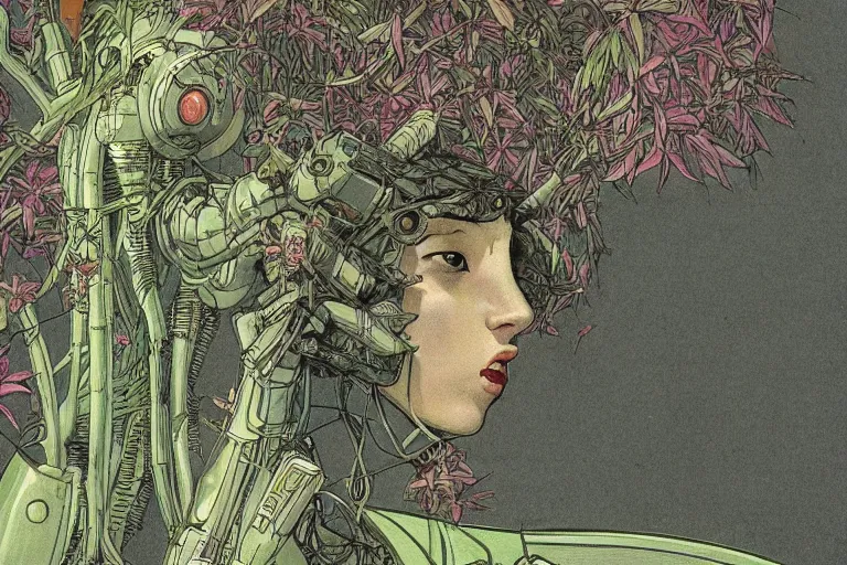 Image similar to gigantic robot - girl head floating in the space, a lot of exotic plants, trees, flowers, oldschool vintage sci - fi flat surreal grainy design, super - detailed, drawing by moebius, satoshi kon, craig gleason, hd, 4 k, high quality