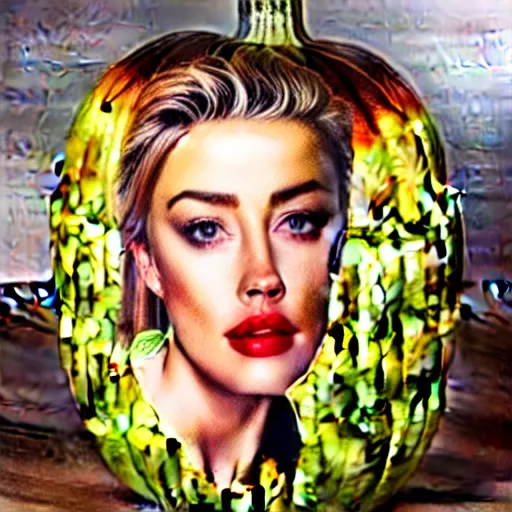 Image similar to a gourd shaped to look like the face of amber heard