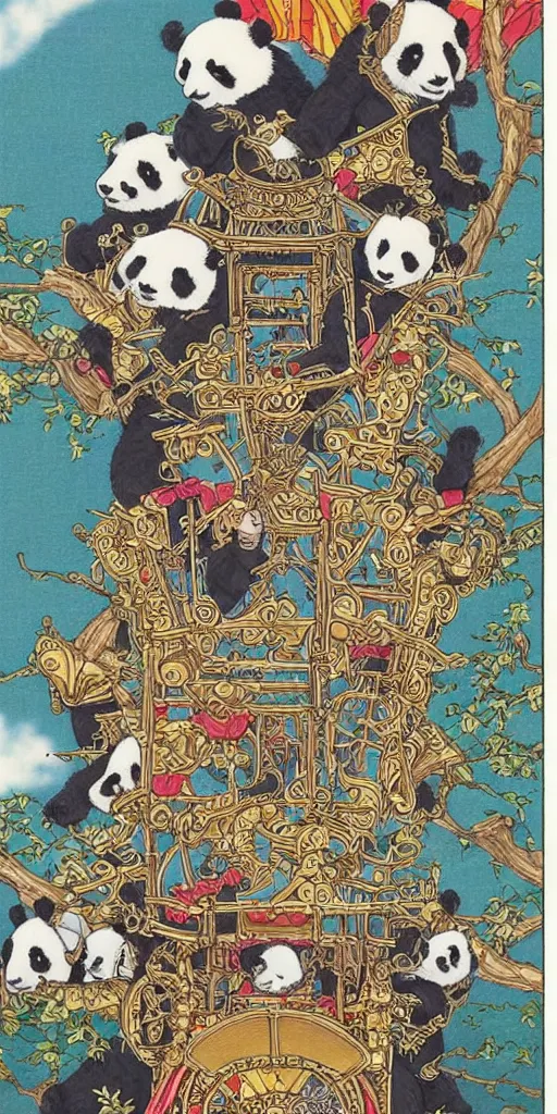 Prompt: a chariot drawn by pandas in japan, 1990s anime, full color, tarot card the chariot, highly detailed, intricate design,