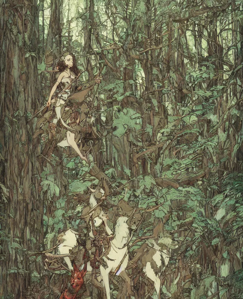 Image similar to Princess Mononoke, single figure, wolves, fully clothed in armor, lush fairy forest, neon, concept art, schematics, studio ghibli, gnarly trees, painted by norman rockwell, mucha, james gurney, high detail, denoised, sharp, architectural