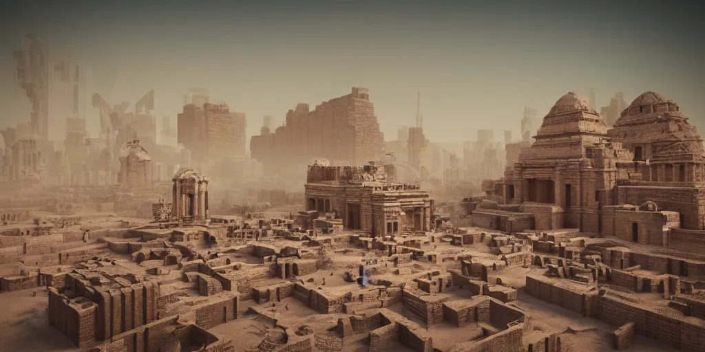 Image similar to ancient urban city view, building, desert, temple, cinematic composition, mist, obscure render light dark