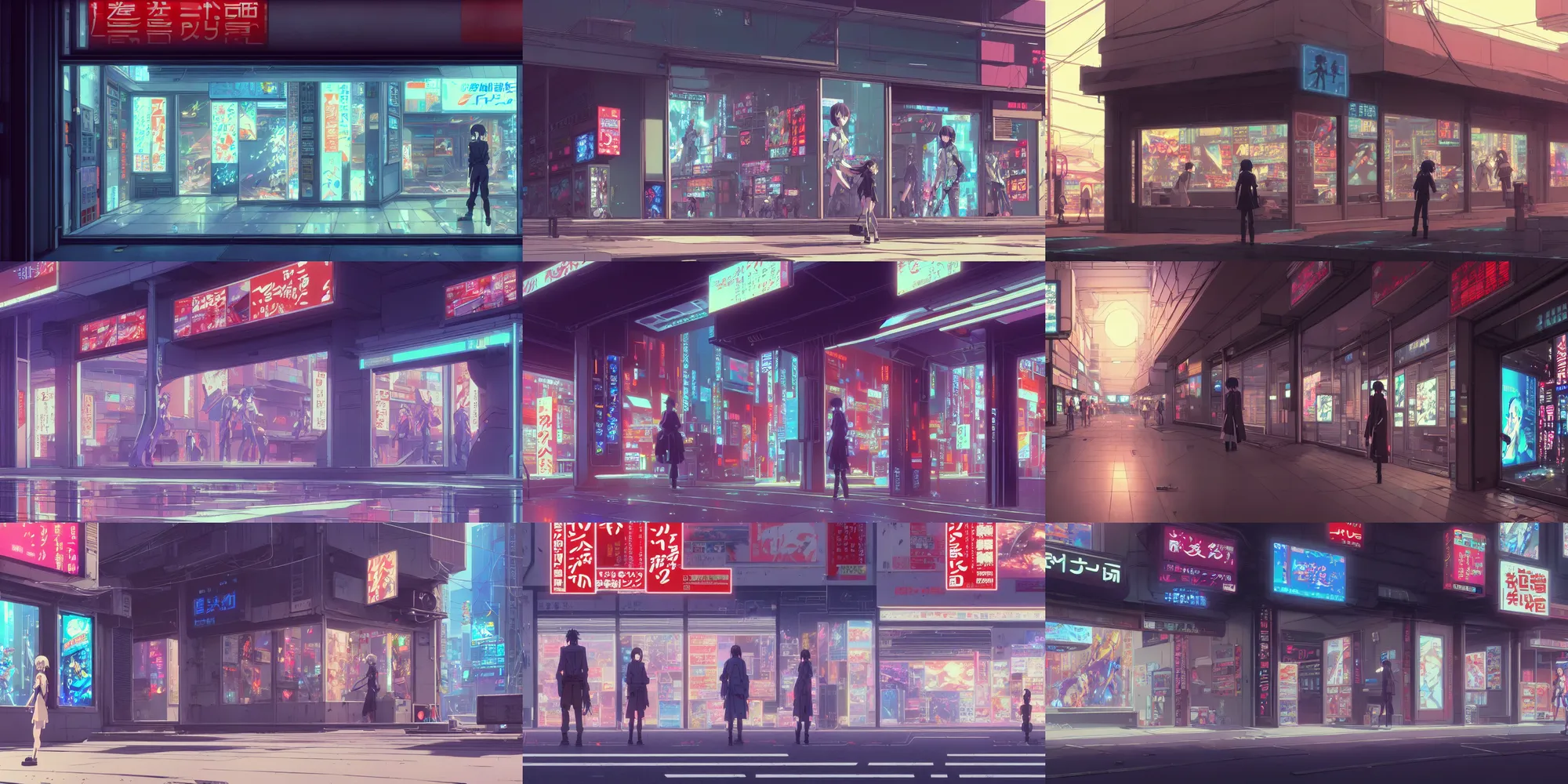 Prompt: a very close close close up front view of a ( ( ( cyberpunk ) ) ) quiet shopfront facade with ( ( advertisements ) ), in a high definition cinematic screenshot from the anime anime film, digital painting by ( makoto shinkai ), moebius moebius, surrealism, trending on artstation