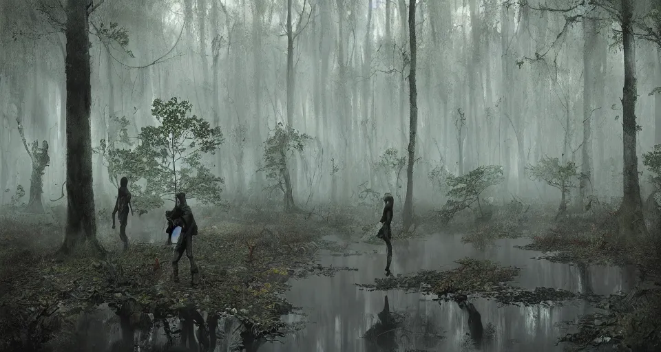 Prompt: A dense and dark enchanted forest with a swamp, by Jeremy Geddes