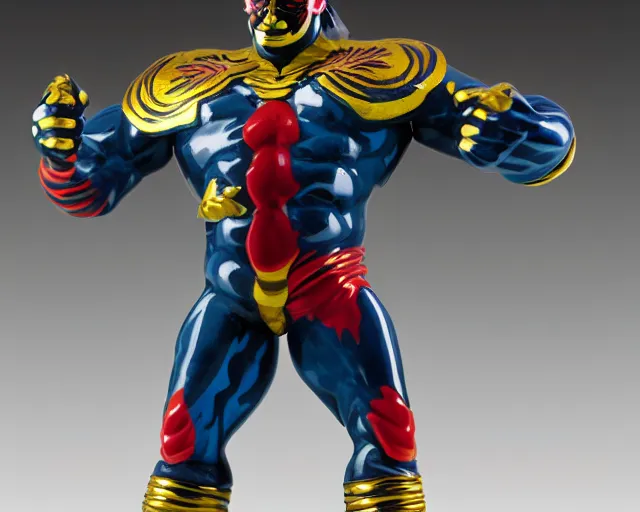 Image similar to Jorge Gutierrez Mexican wrestler vinyl figure, product photography, dynamic pose, anime stylized, exaggerated proportions, high detail, studio lighting, digital art - H 640