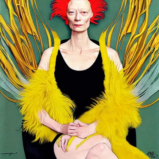 Image similar to art by joshua middleton, the actress tilda swinton, a medium shot portrait of the golden creeper, a tall manically smiling yellow - skinned woman with green and black striped cycling shorts and wearing a long red and black striped ostrich feather boa, yellow makeup, mucha, kandinsky, poster, art deco motifs, comic art, stylised design, scarlet feather boa