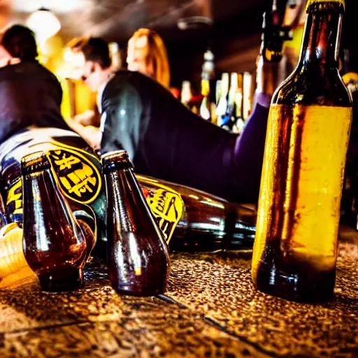 Prompt: batman lying on the floor in a pub surrounded by beer bottles, 8 k photography, golden hour