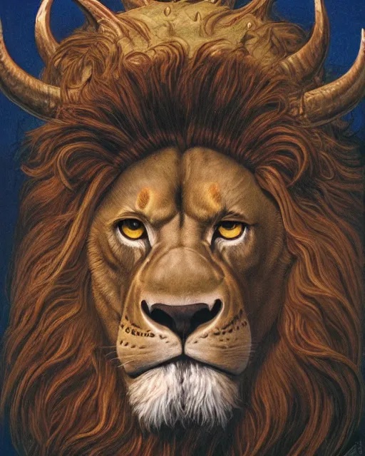 Prompt: a creature with the eyes of a man, beak of an eagle, no nose, the mane of a lion, two horns on the head. drawn by tim hildebrandt