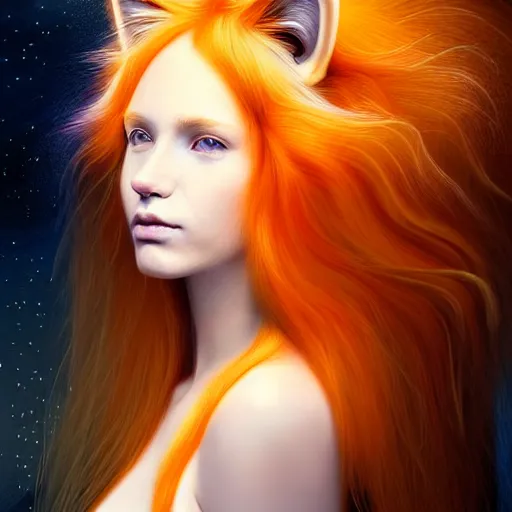 Image similar to Portrait of a girl angel with pale orange colored frizzy strands of illuminated hair, cat ears on her head, glowing halo, Lion's Mane, Cosmic, Lion's Gate, 8/8, fantasy, intricate, elegant, highly detailed, digital painting, artstation, concept art, smooth, sharp focus, illustration, art by Krenz Cushart and Artem Demura and alphonse mucha