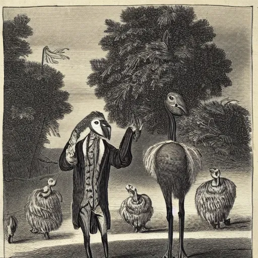 Prompt: ostriches wearing fancy clothes, walking in London, engraving from 1700s