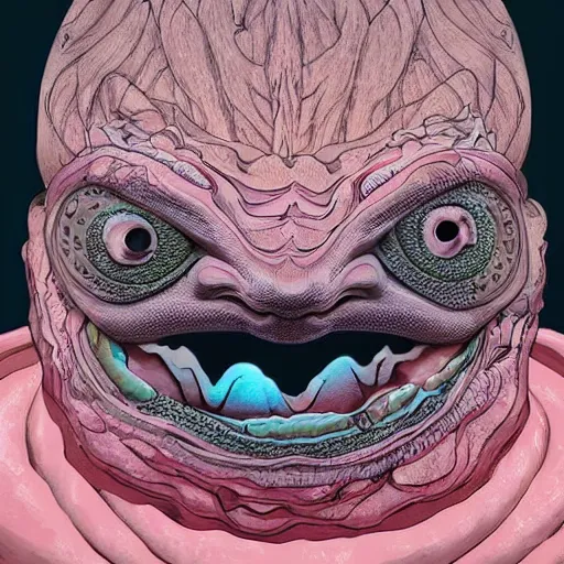 Image similar to man wearing axolotl face mask. digital art by atsushi okui. extreme detail.