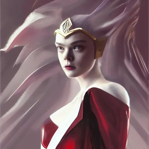 Image similar to medium shot portrait of modern darna, elle fanning as scarlett witch in golden valkyrie armor, intricate, elegant, dark vibes, highly detailed, digital painting, artstation, glamor pose, concept art, smooth, sharp focus, illustration, art by wlop, mars ravelo and greg rutkowski