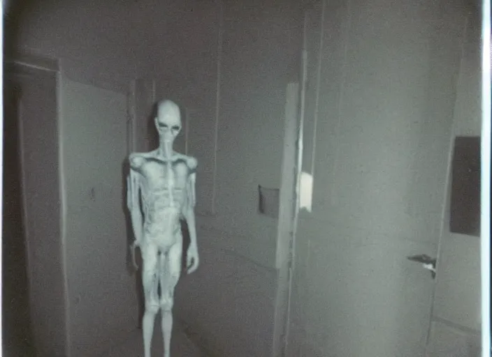 Prompt: cursed polaroid photo of ominous alien standing in long apartment hallway