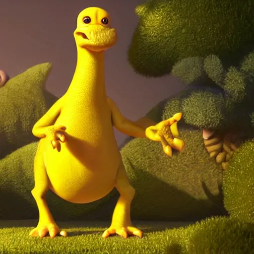 Image similar to pixar render the yellow dinosaur, cute character, high detail, fine hair details, big eyes, friendly, warm and calming, bursting with energy and life, after effects, post processing, video and game ready, octane render, volumetric lighting, glow lights, sharp focus, clear focus, soft shadows, highly intricate and beautiful symmetry