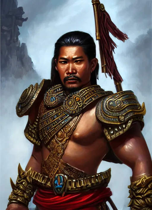 Prompt: smart tai warlord, closeup portrait, historical hero, ethnic group, khmer costume, bronze headset, intricate, with leather armor cross on bare chest, elegant, loin cloth, highly detailed, oil painting, artstation, concept art, matte, sharp focus, illustration, hearthstone, art by earl norem