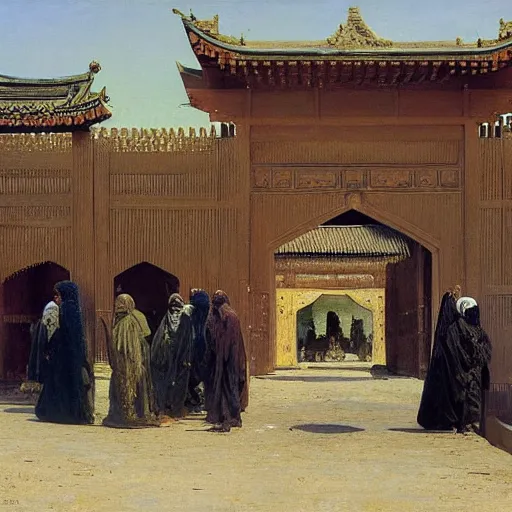 Prompt: the gate of Kano in the Sokoto Caliphate, 1885, highly detailed, oil on canvas, by Ilya Repin - n 4