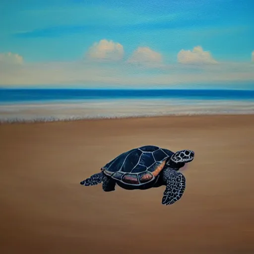 Prompt: a detailed painting of a turtle, all alone, on the beach, on a cloudy day