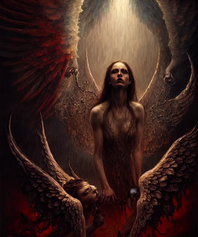 Image similar to epic professional digital art of angels and demons, horrific yet beautiful vibe, evocative, atmospheric lighting, painted, intricate, highly detailed, by leesha hannigan, wayne haag, reyna rochin, ignacio fernandez rios, mark ryden, iris van herpen, artstation, cgsociety, stunning, gorgeous, sharp focus, cinematic, masterpiece