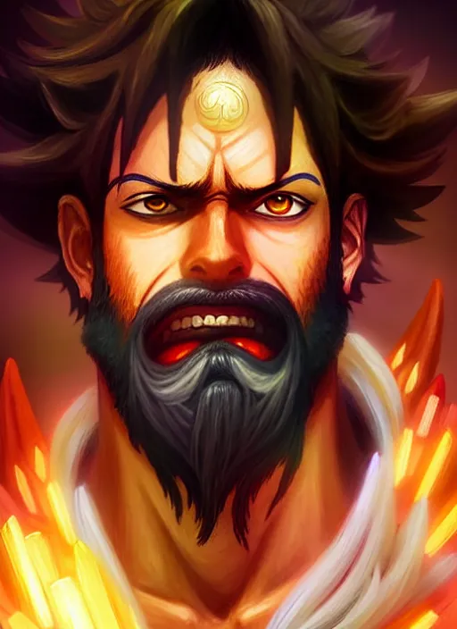 Image similar to luffy as fantasy style portrait painting of middle eastern male brown wavy hair beard rpg dnd oil painting unreal _ 5 _ daz. _ rpg _ portrait _ extremely _ detailed _ artgerm _ greg _ rutkowski _ greg