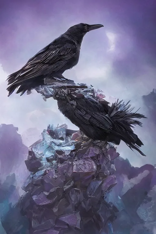 Image similar to portrait of a beautiful one raven perched on purple crystals that are glowing in a misty valley, establishing shot, extremly high detail, foto realistic, cinematic lighting, by yoshitaka amano, ruan jia, kentaro miura, artgerm, post processed, concept art, artstation, raphael lacoste, alex ross