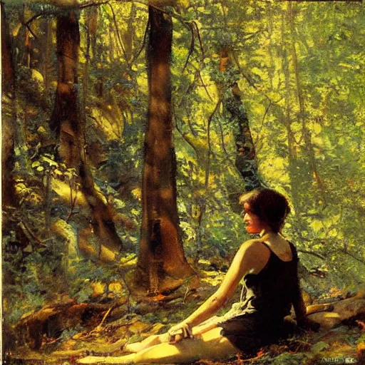 Prompt: young girl lost in a forest, by dean cornwell, sunlit