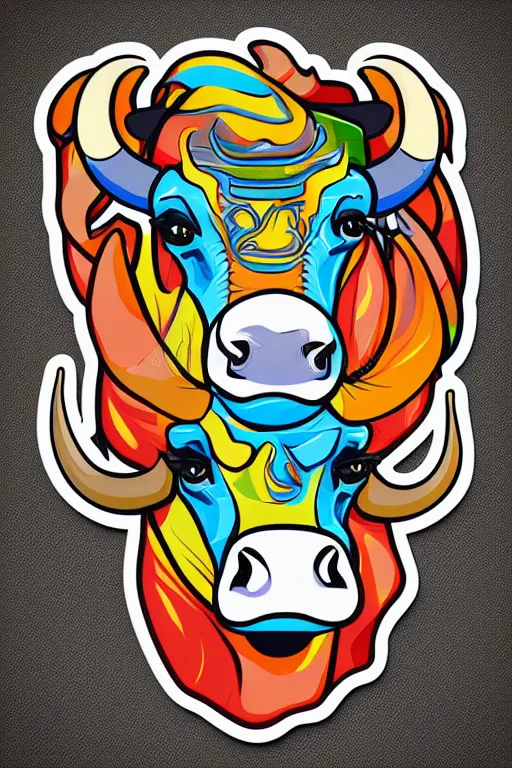 Image similar to A portrait of a bull on a motorcycle, sticker, highly detailed, colorful, illustration, smooth and clean vector curves, no jagged lines, vector art, smooth