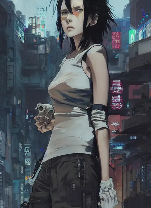 Prompt: hyper - realistic cyberpunk anime woman, standing on tokyo street, extreme detail, concept art, in style of yoji shinkawa, pan ren wei, col price, atey ghailan, by greg rutkowski, by greg tocchini, by james gilleard, by joe fenton, by kaethe butcher, aesthetic