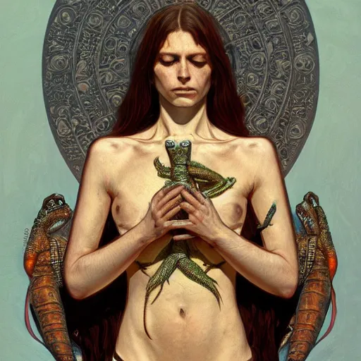 Image similar to crucified lizard king, close up, reptilian, intricate, elegant, highly detailed, digital painting, artstation, concept art, smooth, sharp focus, illustration, art by artgerm and greg rutkowski and alphonse mucha