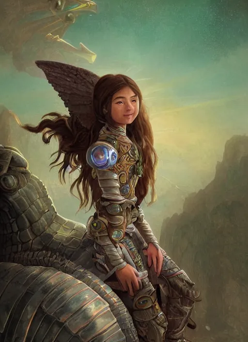 Image similar to portrait of a little cyborg warrior girl character sitting on top of a giant armored dinosaur bird flying in space, epic character with dark skin and beautiful green eyes. the girl has a very beautiful detailed symmetrical face, long black hair. diffuse night light, dramatic landscape, fantasy illustration, matte painting by mucha