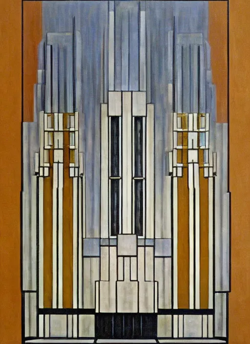 Image similar to artdeco cathedral by frank lloyd wright painted by piet mondrian