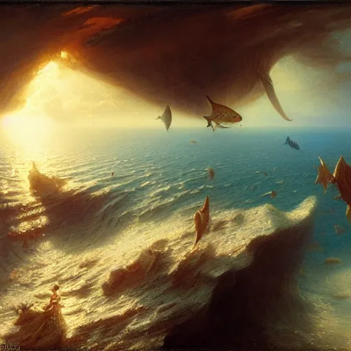 Image similar to point of view of deep in the ocean looking up, you see fishes, higher up you see very clearly the milk way illuminating the sea down bellow. highly detailed painting by gaston bussiere, greg rutkowski 8 k