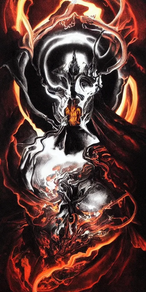 Image similar to intense glowing black metal pagan god with horn and intense black eyes with a skull on fire in very dark nebula by artgerm and alphonse mucha and beksinski, portrait, fantasy, clear, fire, light beams, lens flare, soft, uhd, amazing depth, cinematic lighting, black and red and white and yellow