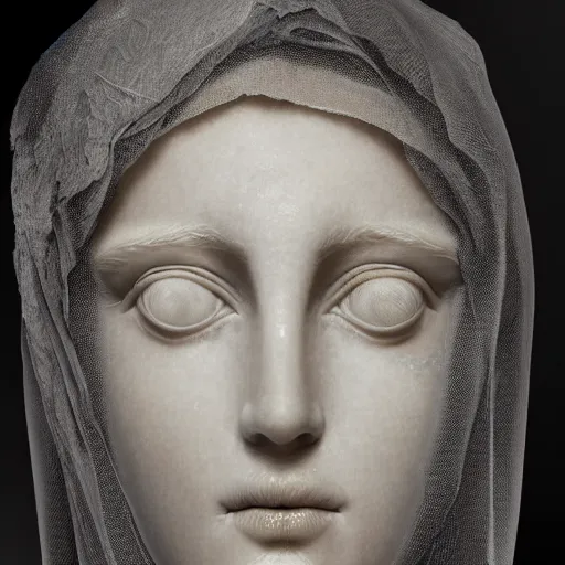 Image similar to a masterpiece marble sculpture of the veiled virgin, subsurface cracks, !dramatic !face, !female, covered in intricate !detailed !!streaked veil , physically based rendering, ultra photo realistic, cinematic lighting , dark background by Dan Hillier