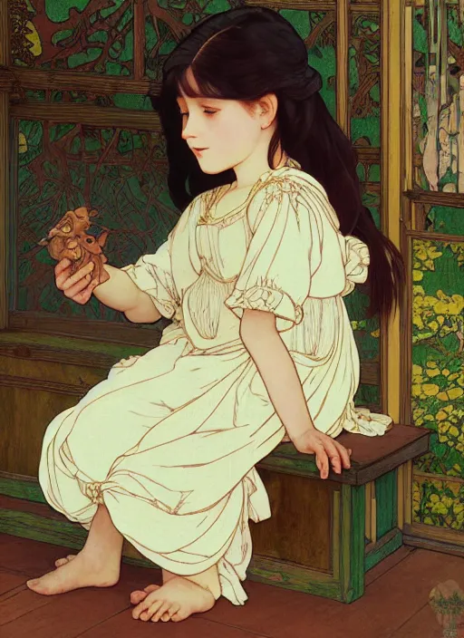 Image similar to young girl with long hair, wearing a dress, playing with her doll on the wooden floor in an old wooden house, path traced, highly detailed, high quality, digital painting, by studio ghibli and alphonse mucha, leesha hannigan, hidari, art nouveau, chiho aoshima, jules bastien - lepage