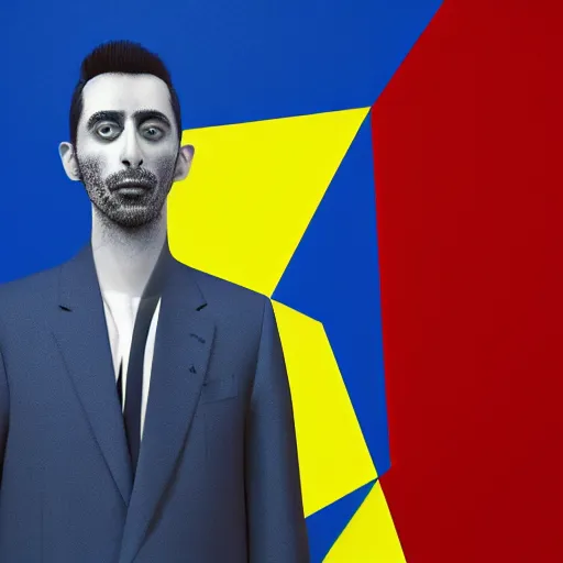 Image similar to ultra realistic portrait of cem yilmaz in a studio, ultra detailed, under blue, red and yellow cinematic lighting, salvador dali, cartoon, monument valley, escher