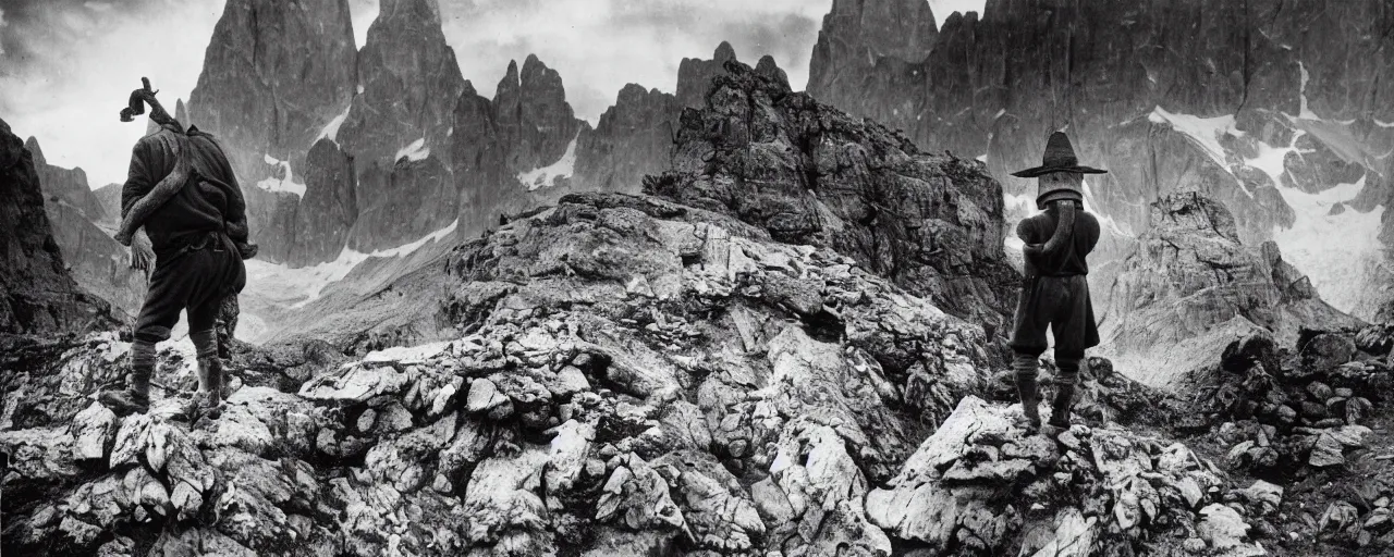 Prompt: historical photograph of an old alpine farmer from behind turning into a grotesque monster with goathorns and roots growing from his face, standing in the dolomites, full body, whole body, edelweiss growing from head