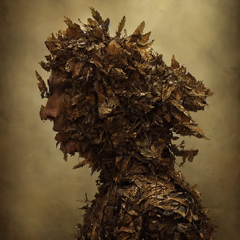 Image similar to rusted tintype portrait of realistic armour made of leaves, seen from behind dramatic light, dystopian environment, intricate, elegant, highly detailed, centered headdress, artstation, sharp focus, artgerm, tomasz alen kopera, peter mohrbacher, donato giancola, joseph christian leyendecker, wlop, boris vallejo, frank frazetta