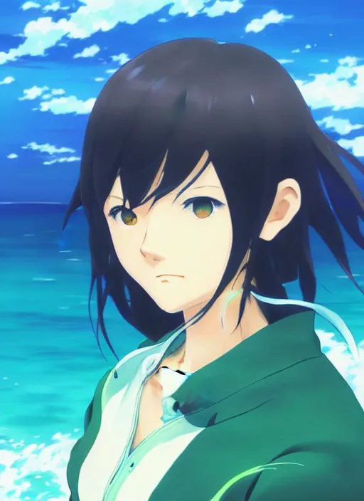 Image similar to makoto shinkai, artgerm, ilya kuvshinov, beautiful anime women with green dress, long blue hair, water powers water swirling, symmetrical face, symmetrical eyes, detailed, beach setting, cinematic lighting