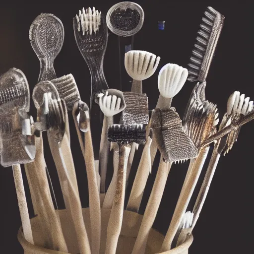 Prompt: medieval toothbrush, dramatic light, reflective, clear, museum exposition