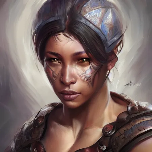 Image similar to beautiful, very strong, mixed race, female, middle aged, face, no makeup, no tattoos, warrior, battle hardened, head shot, fantasy, highly detailed, digital painting, artstation, concept art, smooth, sharp focus, illustration, art by jodie muir and brom