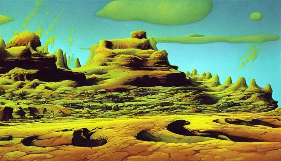 Image similar to psychedelic surreal alien landscape, by roger dean, by dean ellis, detailed high resolution, atmospheric environment, oil on canvas