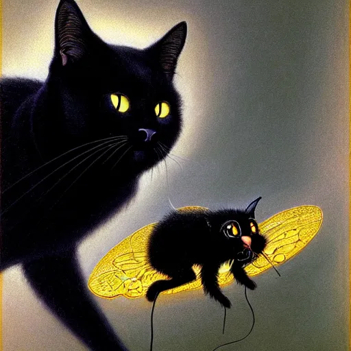 Prompt: cinematic portrait of a black cat with a bee on it's nose, intricate, desaturated, Tim Hildebrandt, Wayne Barlowe, Bruce Pennington, donato giancola, larry elmore, maxfield parrish, Moebius, Thomas Ehretsmann, oil on canvas, gouache painting, masterpiece, trending on artstation, cinematic composition, dramatic pose, volumetric lighting, sharp, details, hyper-detailed, HD, 4K, 8K